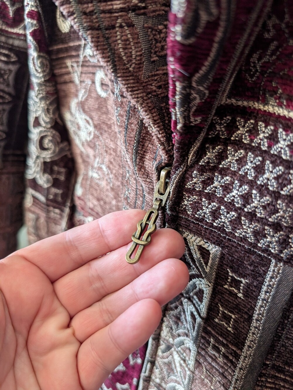 Vintage-Inspired Patchwork Velvet Jacket - Burgundy Multi - XL - Picture 9 of 12